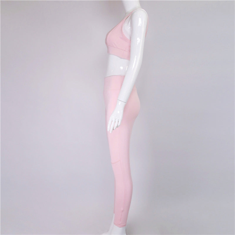 Yoga Set New Pink Solid Crop Top+Long Pant Athleisure Women Suit Gym Sports Bra+Legging Two Piece Set Sportswear