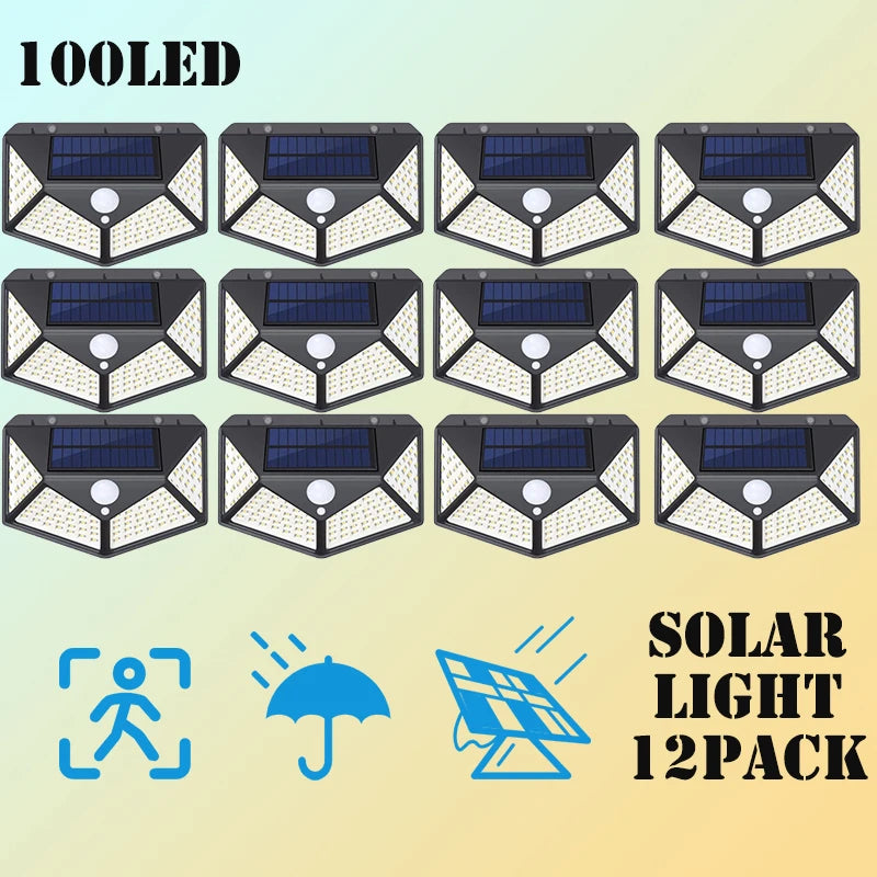 12 Pack Solar Lights Outdoor 100LED Wall Lamp Motion Sensor Security Lights 270° Lighting Angle Bright for Backyard Garden Patio