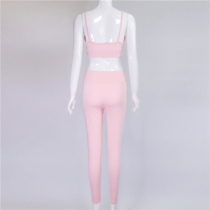 Yoga Set New Pink Solid Crop Top+Long Pant Athleisure Women Suit Gym Sports Bra+Legging Two Piece Set Sportswear